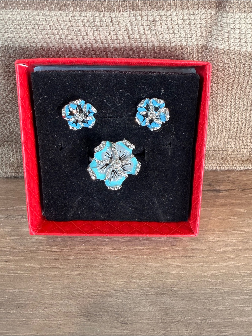 Aqua Blue Enamel Floral Statement Ring & Matching Stud Earrings Set
